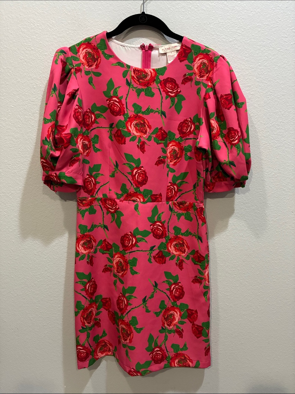 Flying Tomato Hot Pink Floral Mini Dress with Red Roses & Puff Sleeves
